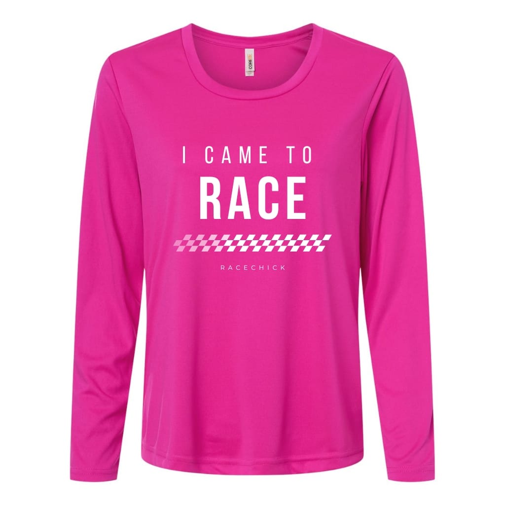 Pink long-sleeve shirt with 'I came to race' text on a white background