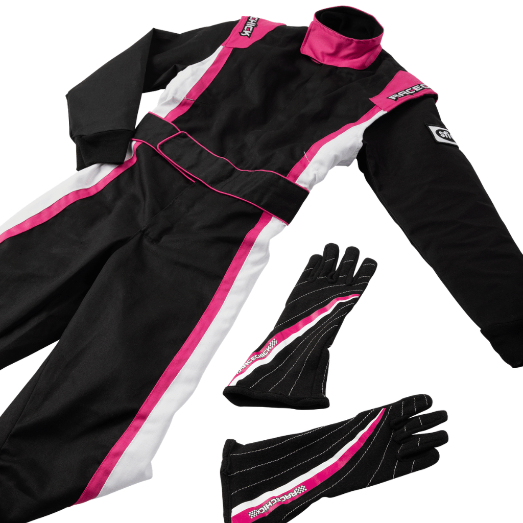 Black and Pink Race Suit and Gloves for women and girls