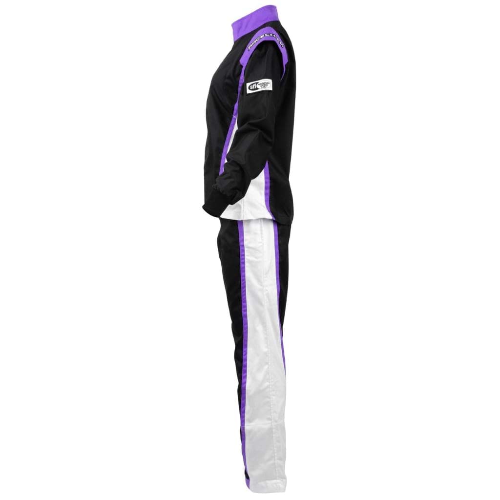 Women's black and purple two-piece race suit