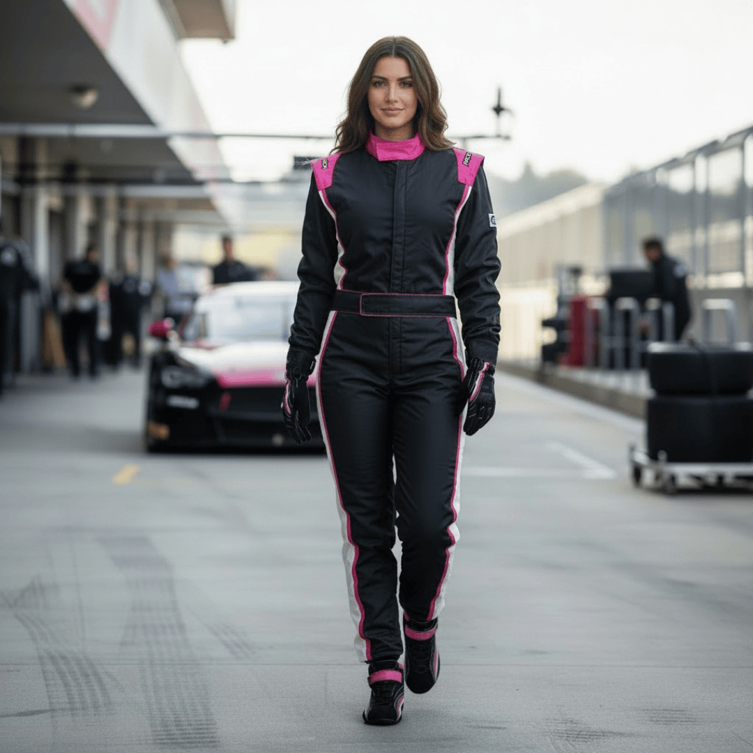 'FIERCE' SFI 3.2A/5 Nomex Women's Auto Racing Suit (Black/Pink)