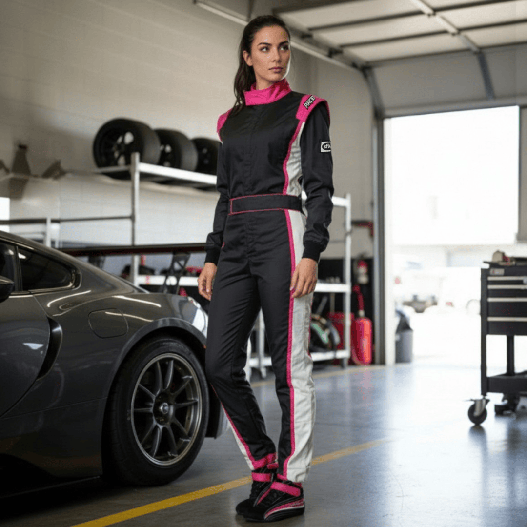 'FIERCE' SFI 3.2A/5 Nomex Women's Auto Racing Suit (Black/Pink)