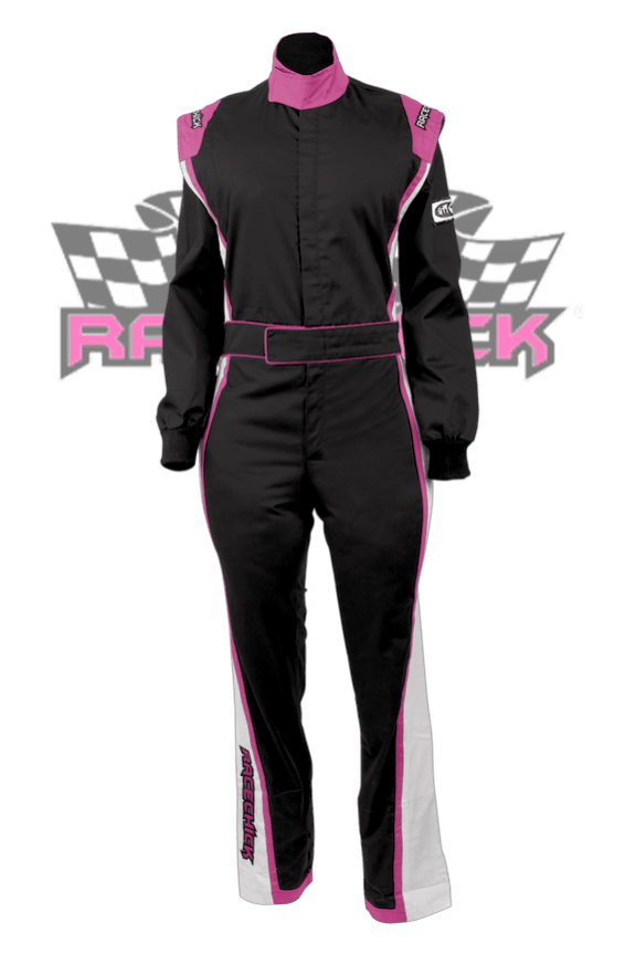 Black and pink racing suit.