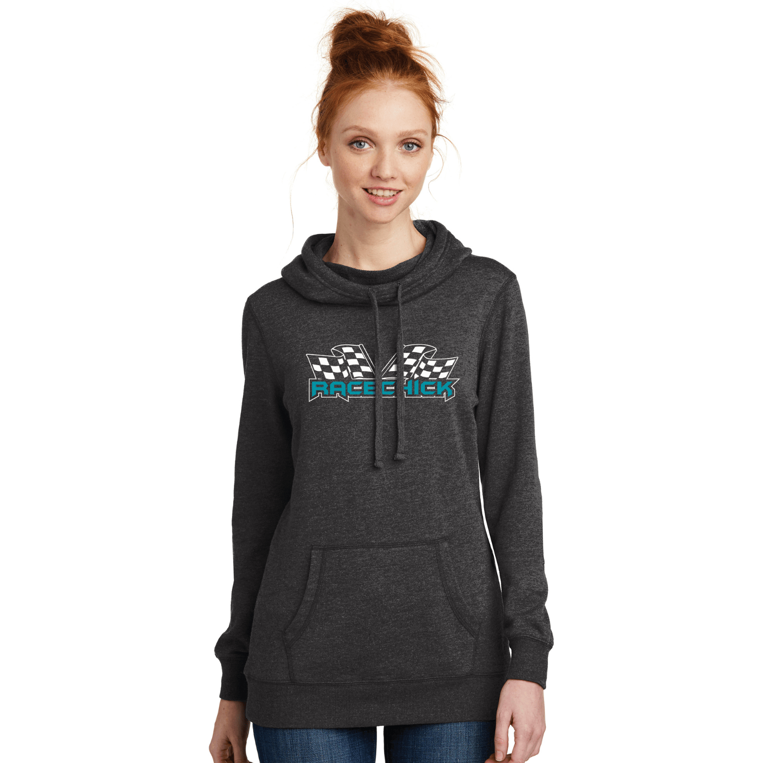 Girl in Race Chick hoodie with gas pedal love.