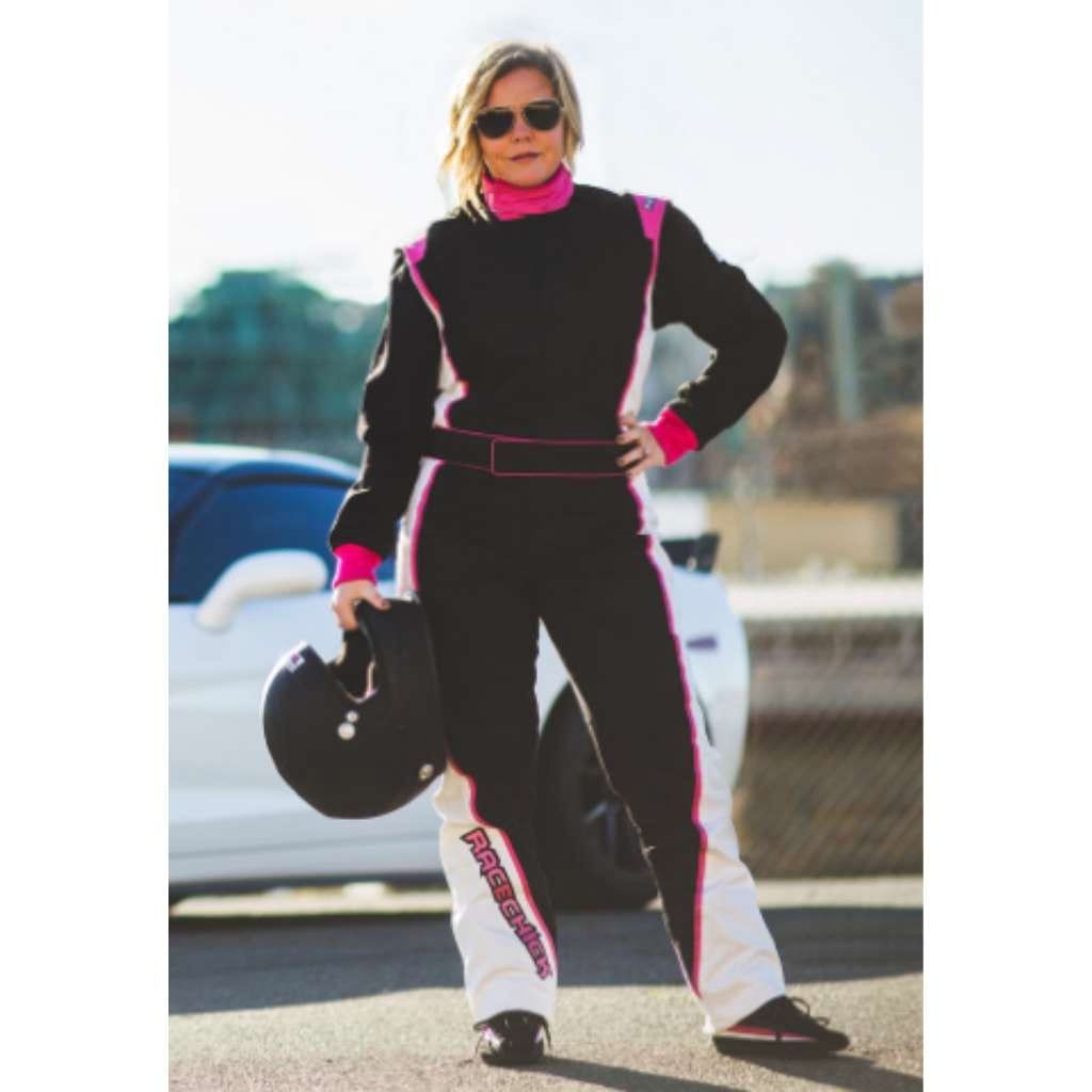 Racechick SFI 3.2A Girls Ladies Womens Auto Racing Race Suit Fire Suit in Black Pink