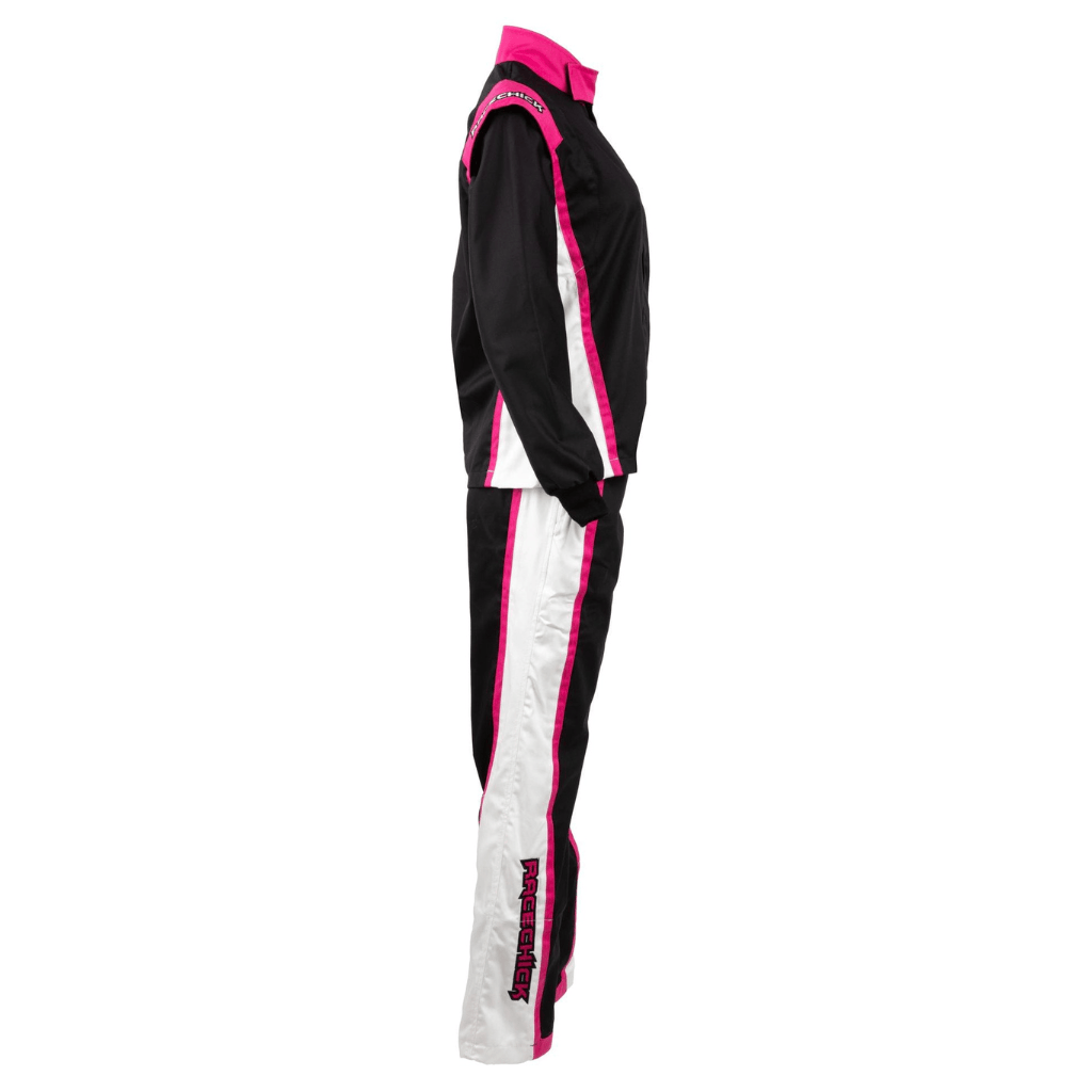 Women's two-piece racing suit, side view, black, white, and pink.