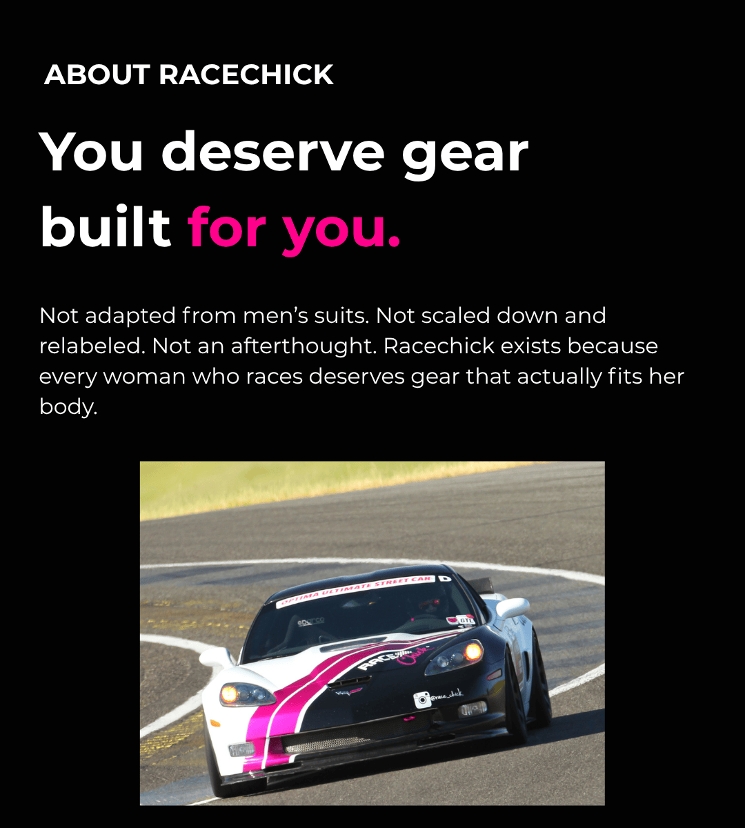 Racecar on a track with promotional text about Racechick's products.