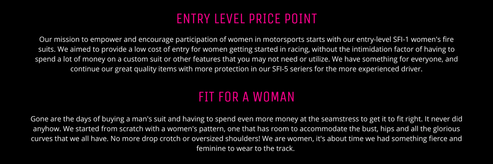 Entry-level price point and fit for women's racing suits.
