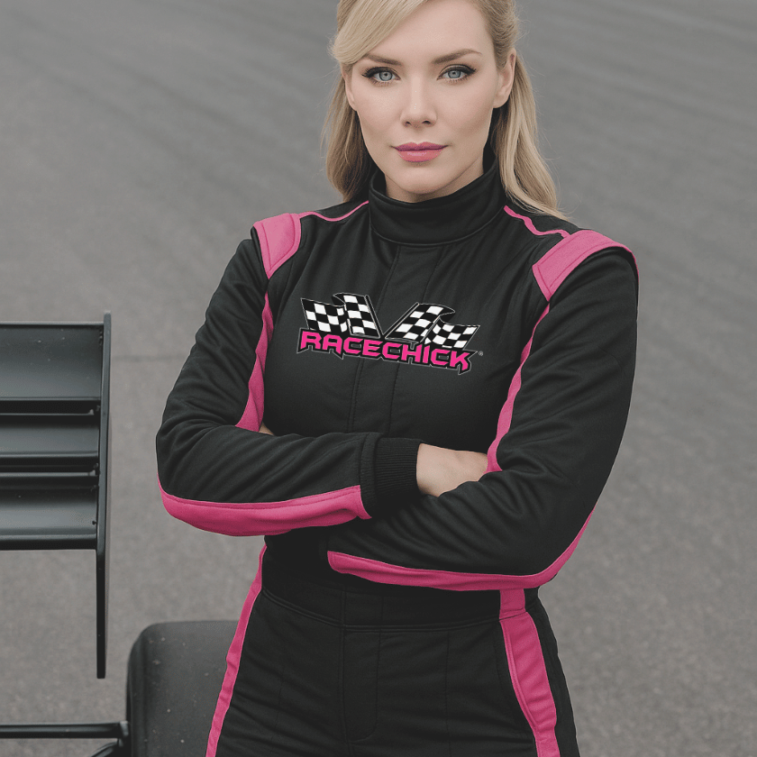 RaceChick brand ambassador in racing suit