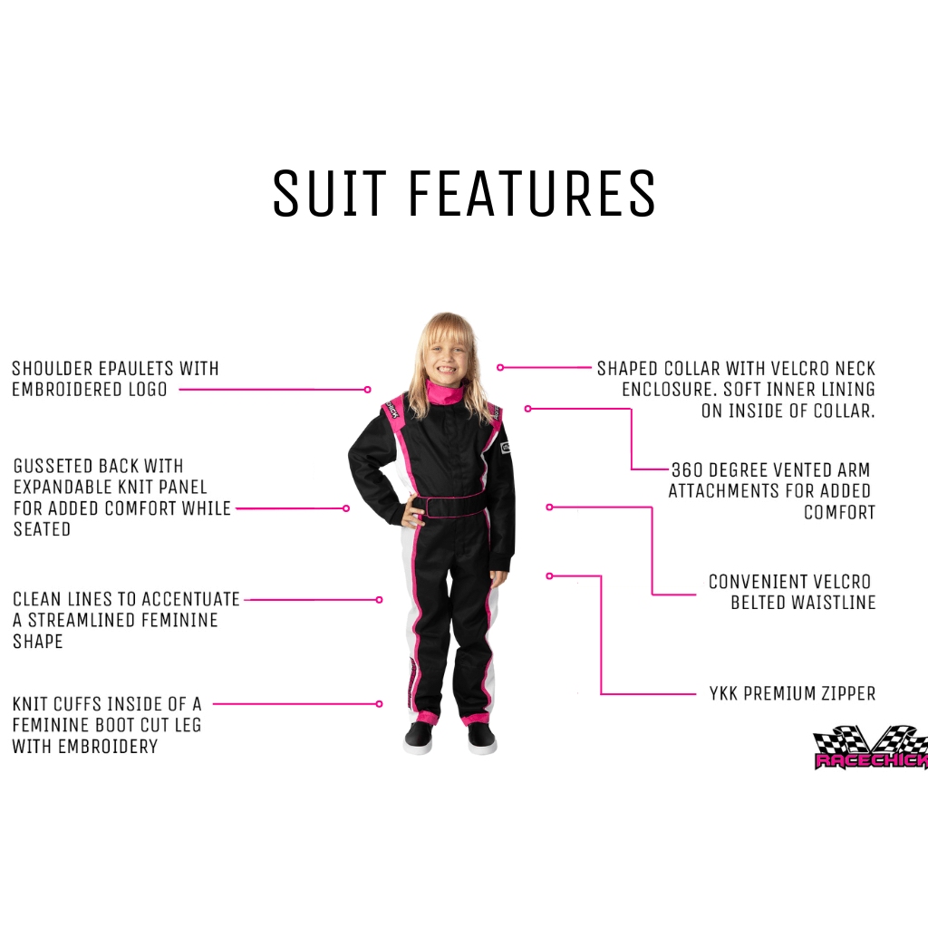 Girl's racing suit with features labeled.
