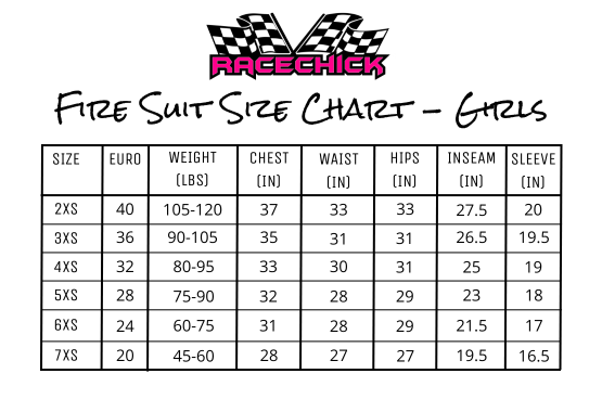 Racechick fire suit size chart for girls