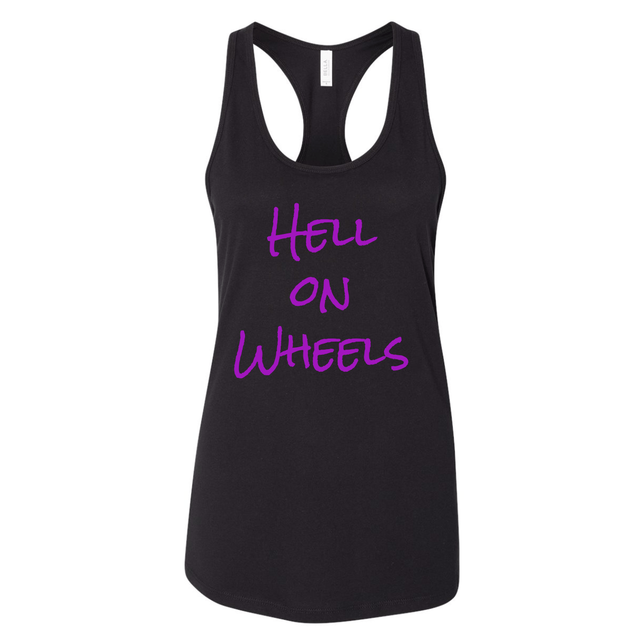 Black Hell on Wheels tank top with purple text