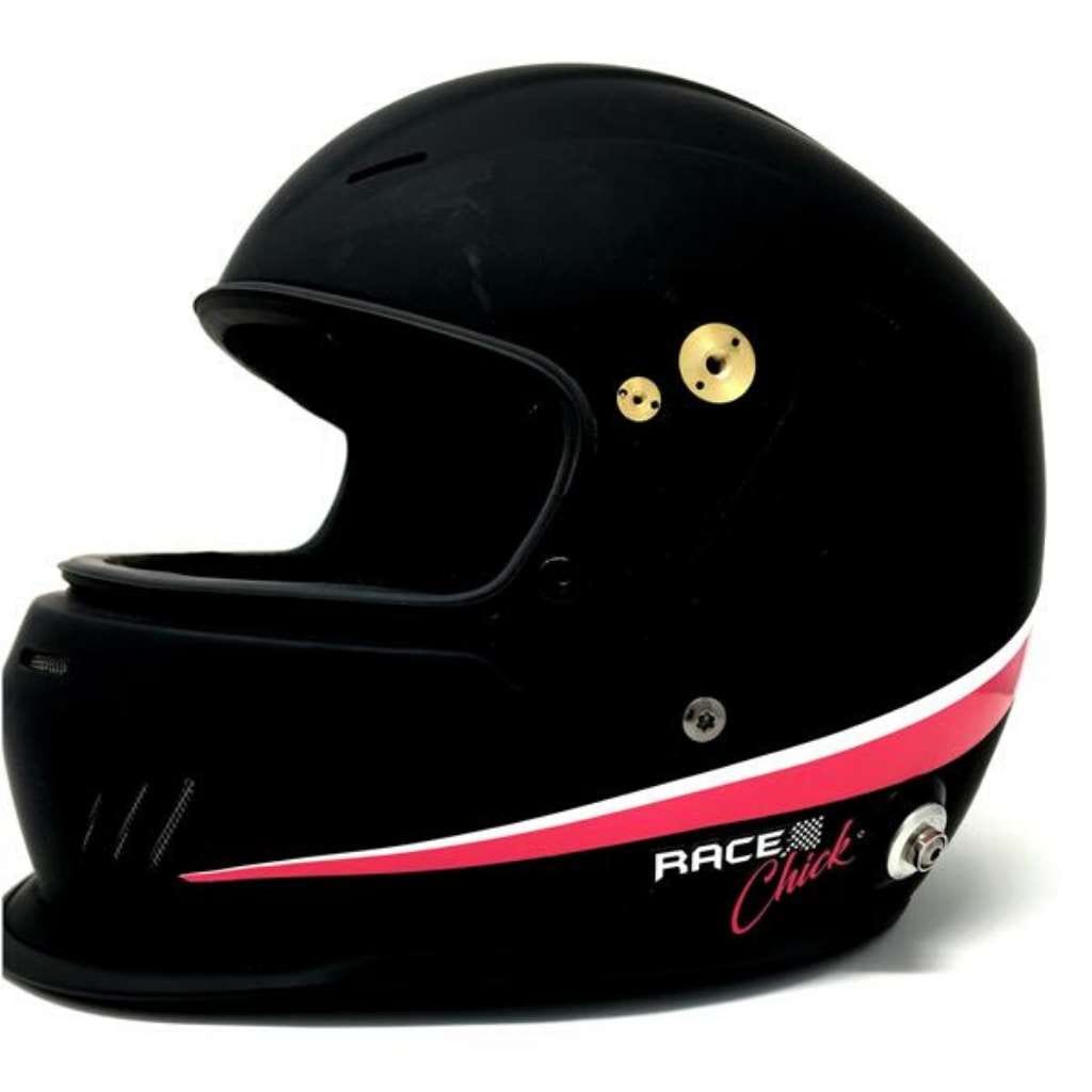 Black racing helmet with pink decals