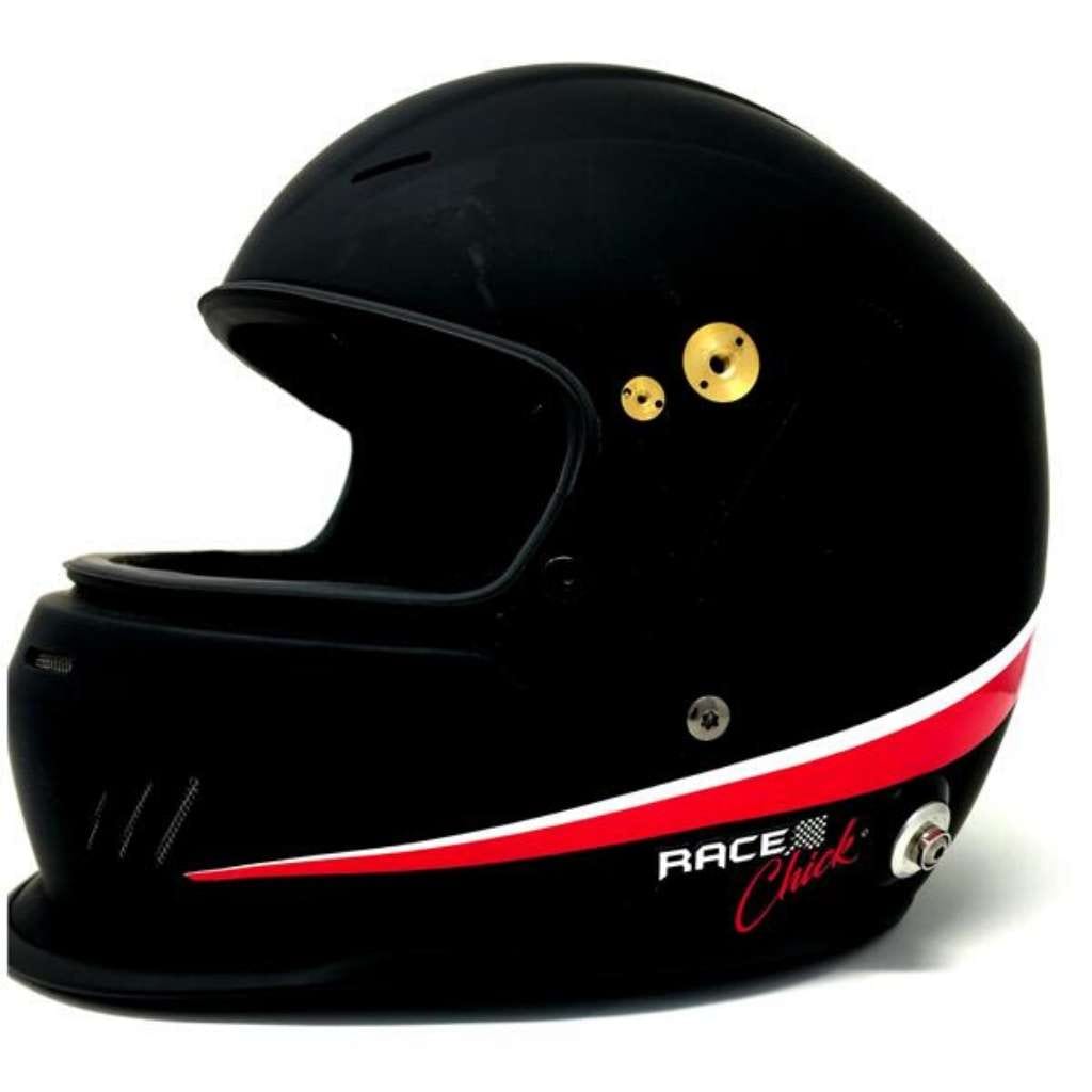Black race helmet with red decals