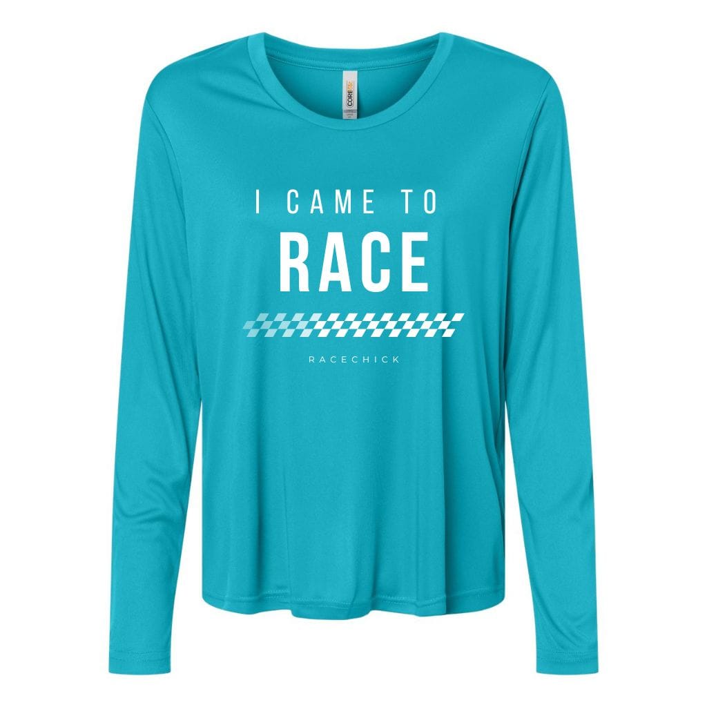 Teal UPF long-sleeve shirt with 'I Came to Race' text on a white background