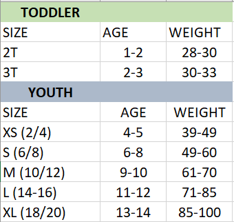 Toddler &amp; Youth sizes, age, and weight guide.