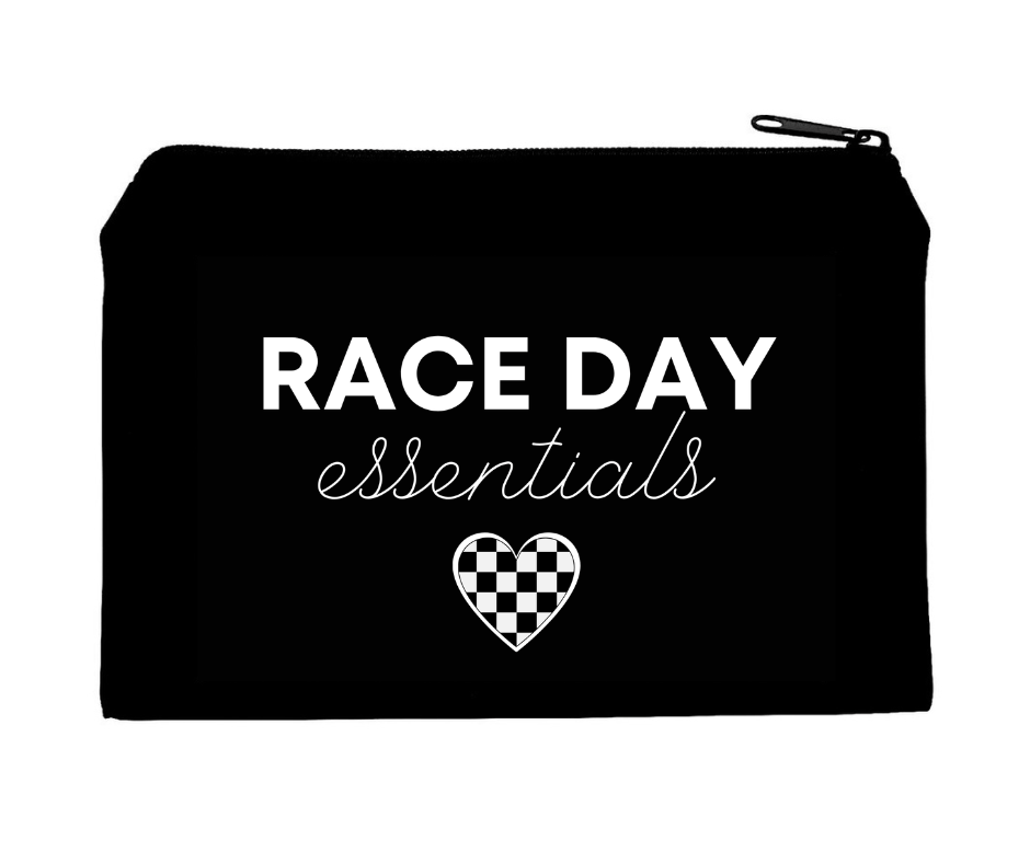Black pouch with 'RACE DAY essentials' text and a checkered heart design on a white background