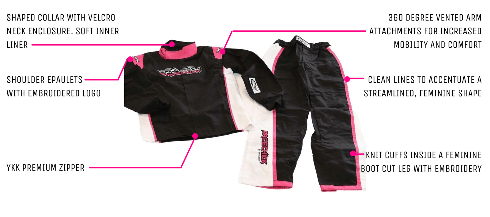 Embroidered logo on shoulder epaulets of racing suit.