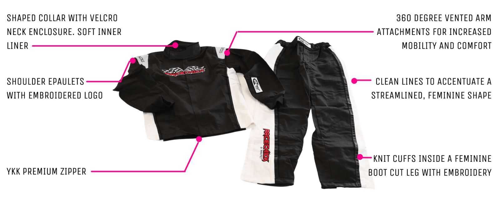 Racing suit with shoulder epaulets and embroidered logo.