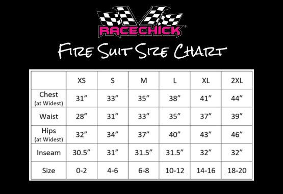 Racechick Fire Suit Size Chart