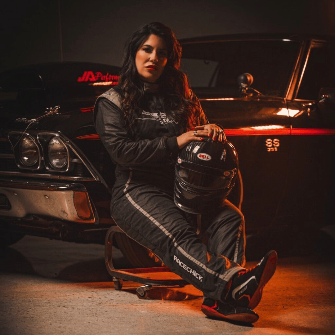 Race car driver with helmet next to car, design 15