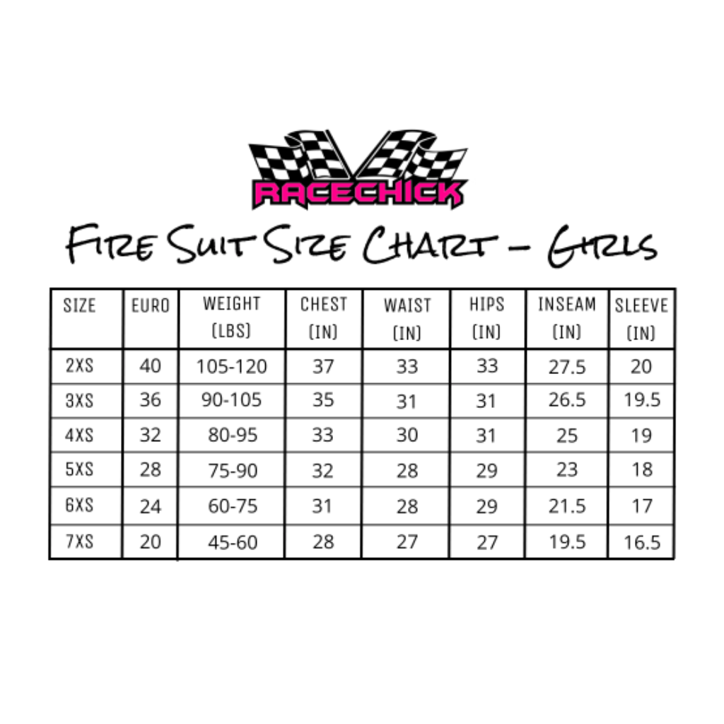 Racechick Fire Suit Size Chart for Girls