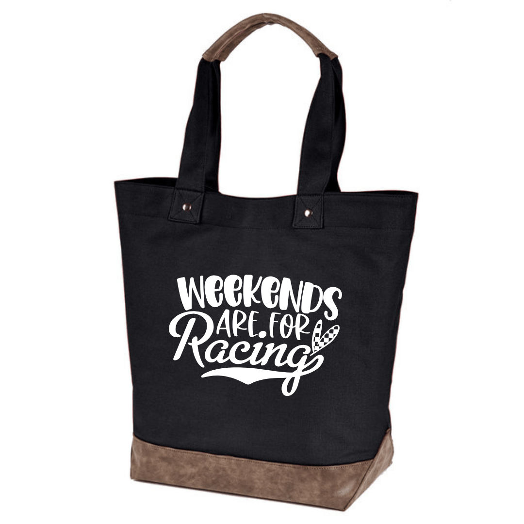 Black tote bag with Weekends are for Racing