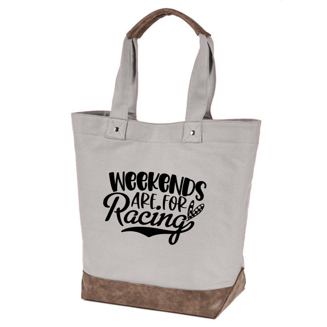 Cement tote bag with Weekends Are For Racing