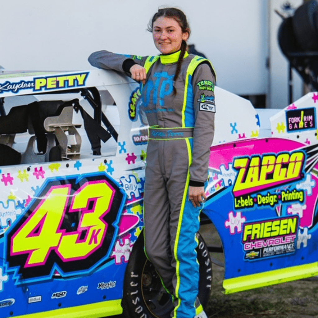 Woman racer in custom auto race suit, #43 Kayden Petty