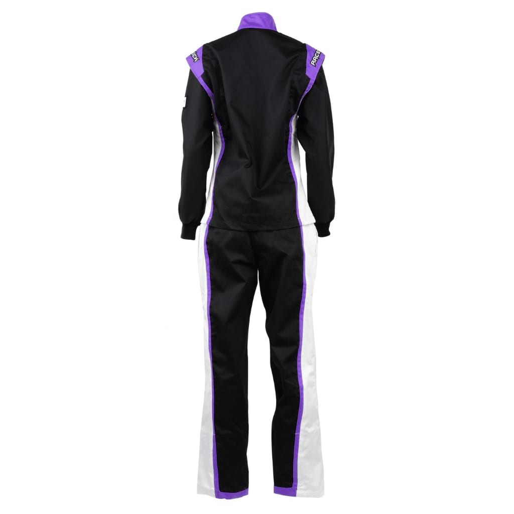 Women's black and purple race suit jacket and pants