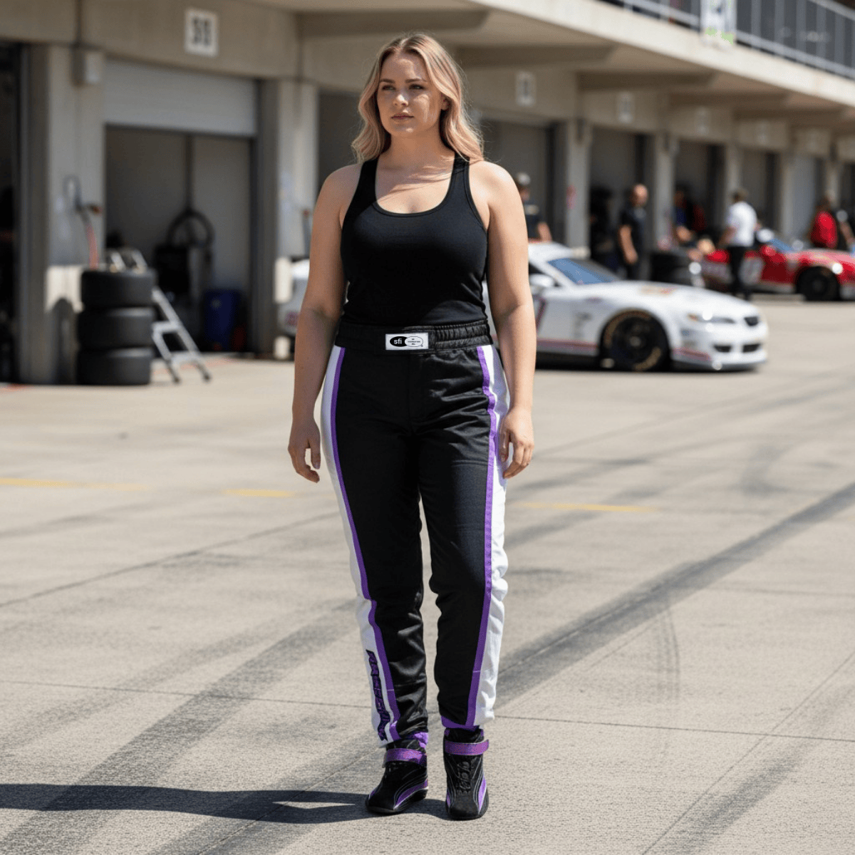 'FIERCE' SFI 3.2A/1 FR Cotton Two-Piece Women's Auto Racing Suit (Black/Purple)
