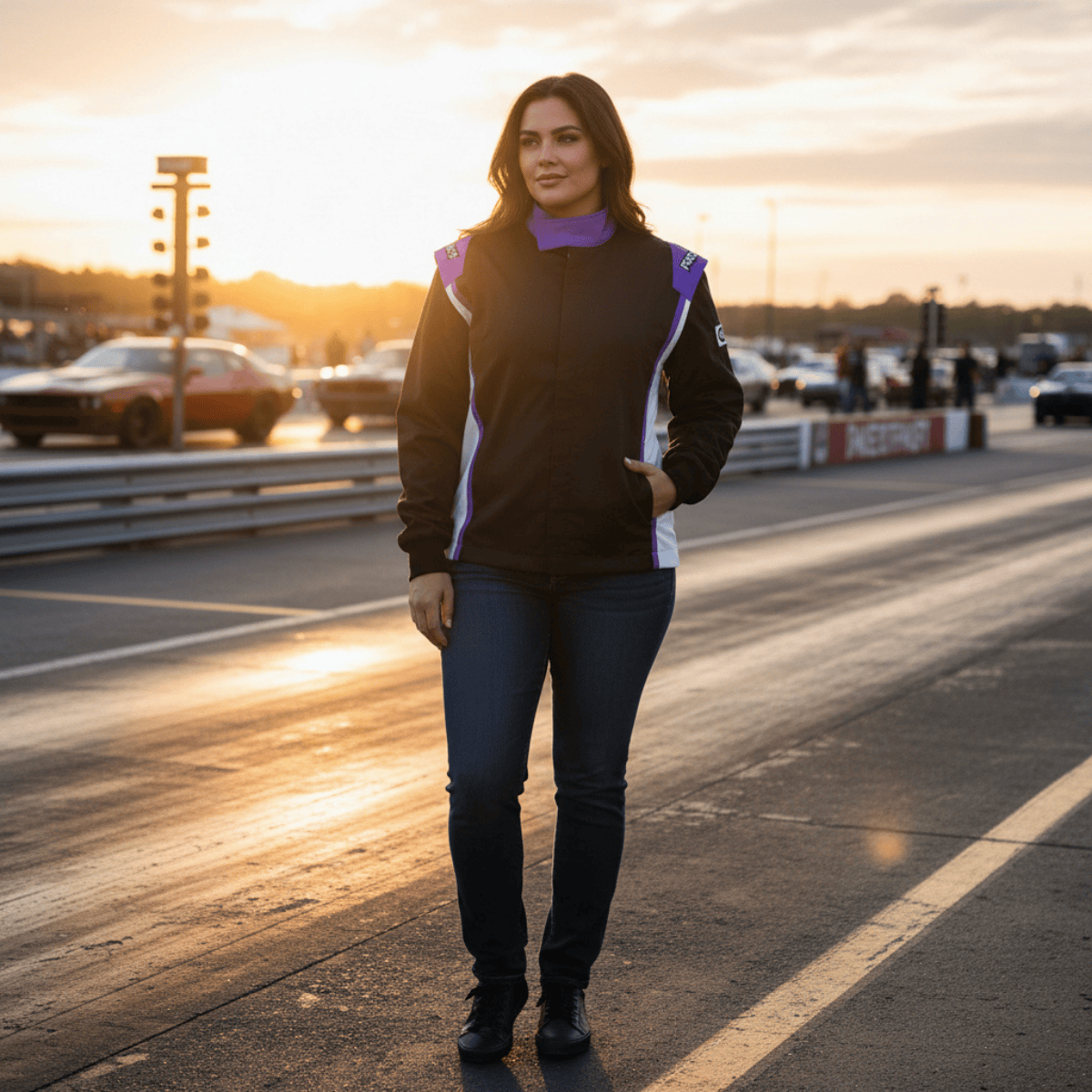 'FIERCE' SFI 3.2A/1 FR Cotton Two-Piece Women's Auto Racing Suit (Black/Purple)