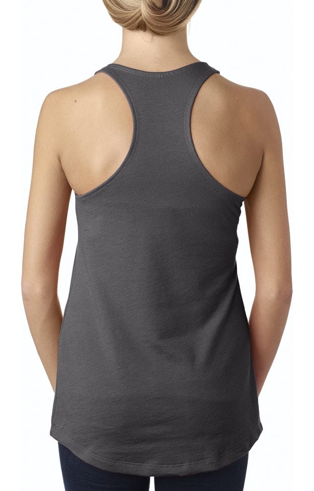 Woman wearing a gray racerback tank top.