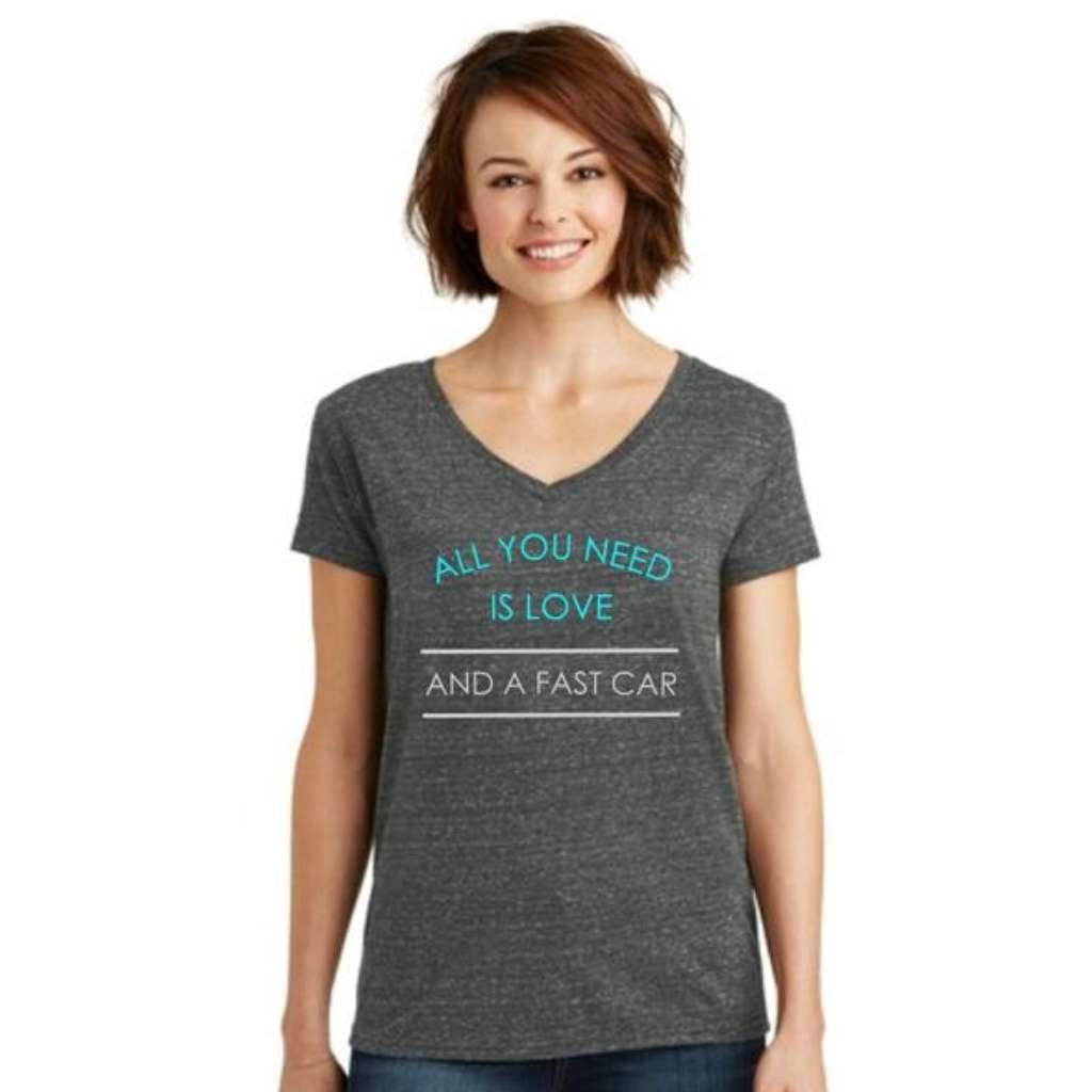 Woman wearing All You Need is Love and a Fast Car Ladies Tee Shirt T shirt