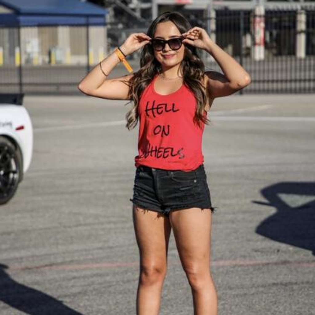 Woman wearing Hell On Wheels ladies womens racing tank top