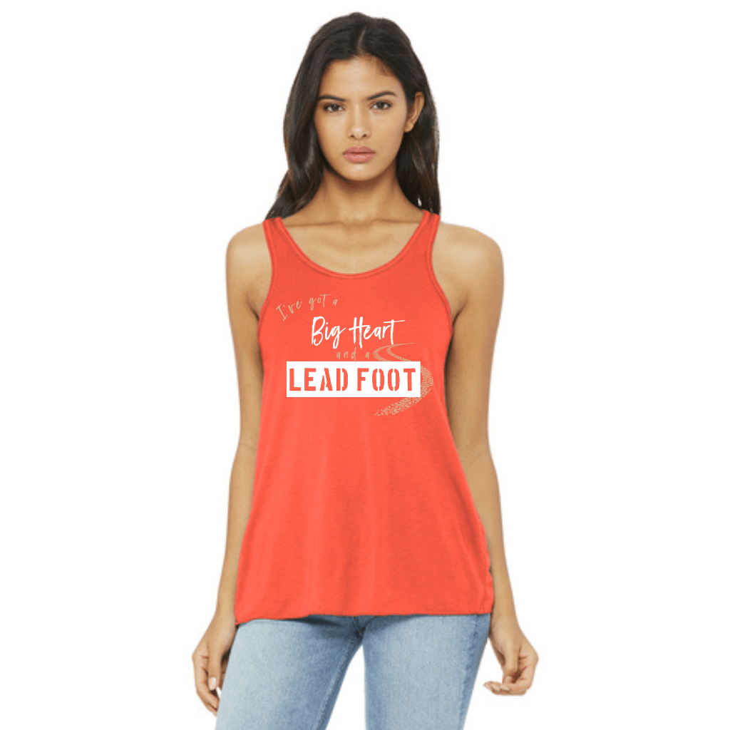Red tank top with Big Heart Lead Foot graphic.