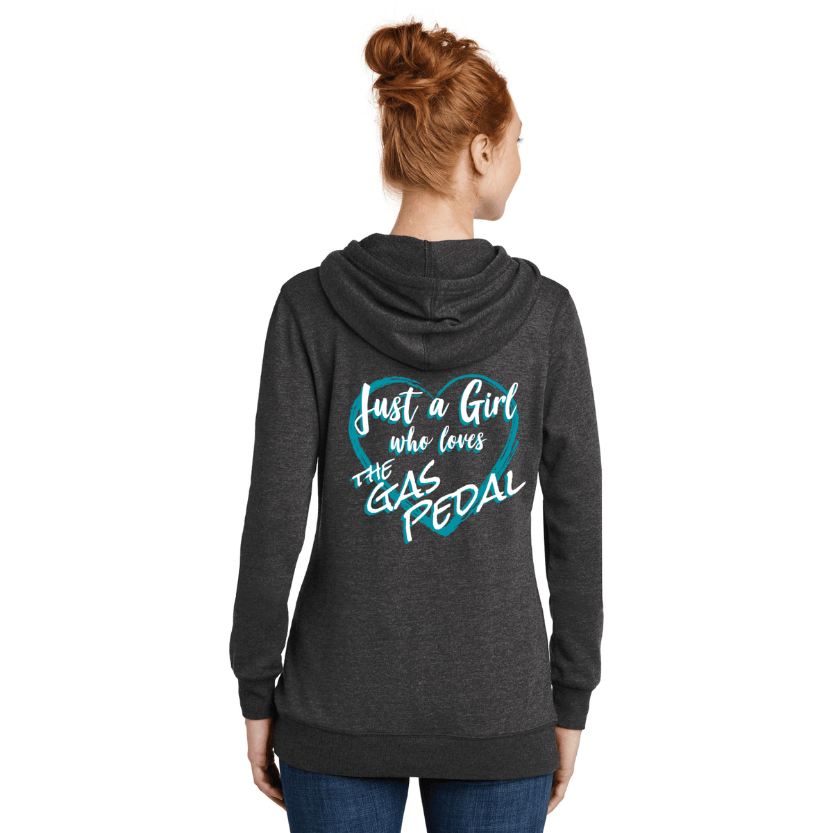 Girl wearing loves the gas pedal hoodie