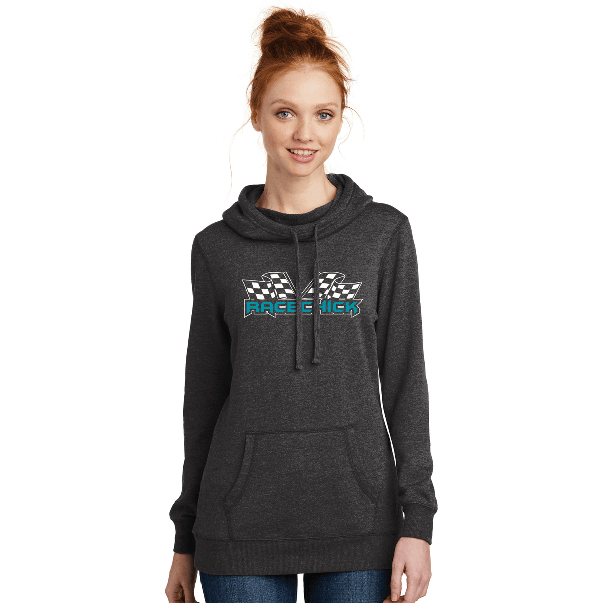 Girl in Race Chick hoodie with gas pedal love.
