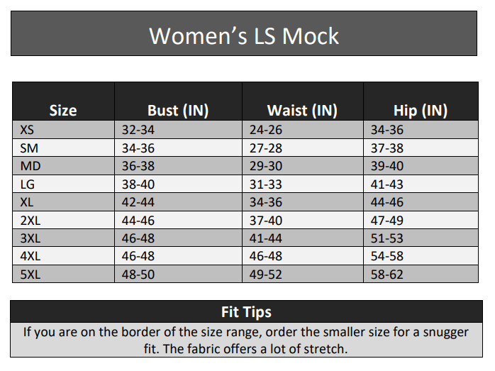 Womens FR Long Sleeve Size Chart