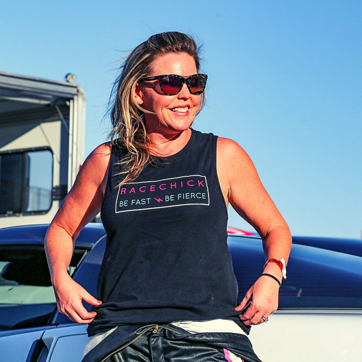 Woman wearing Racechick Be Fast Be Fierce Women&#39;s Tank Top