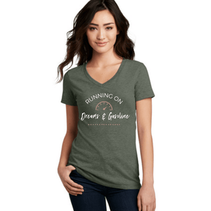 Woman wearing Running on Dreams and Gasoline Tee Shirt
