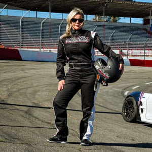 Woman wearing SFI rated Womens Fire Auto Racing Suit in black white