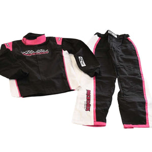 SFI Rated Womens Auto Racing Two Piece Suit. Black Pink Jacket Pants Race Suit
