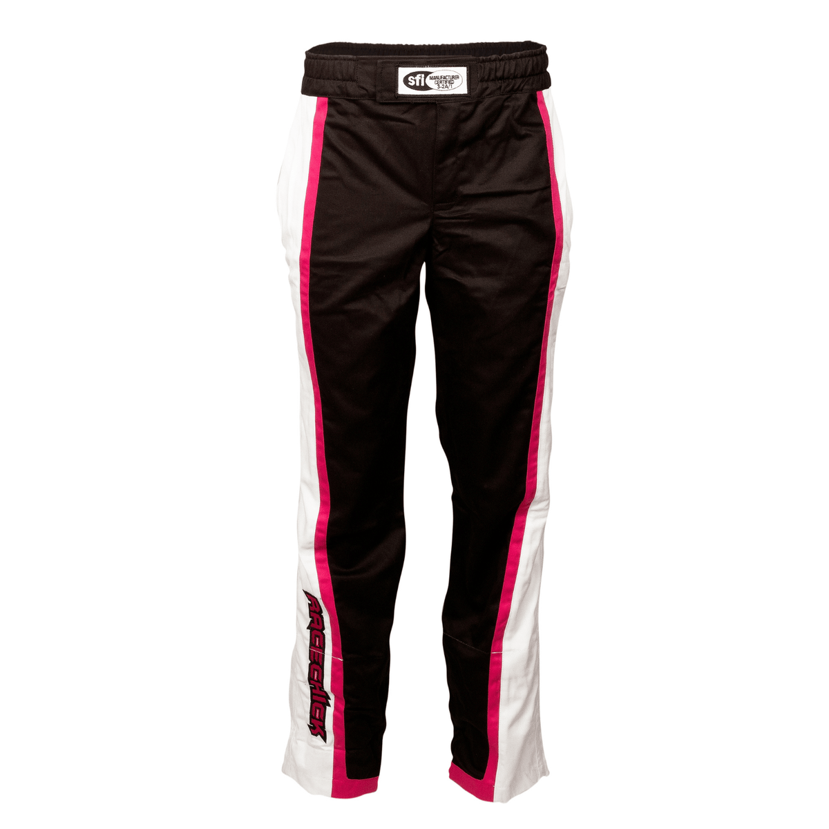 Racing pants with pink and white stripes