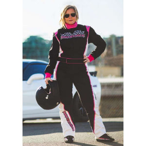 Woman wearing SFI 3.2A Rated Womens Auto Racing Suit Black Pink Fire Race Suit