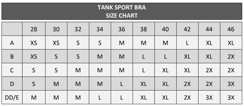 Tank sport bra size chart with bra sizes